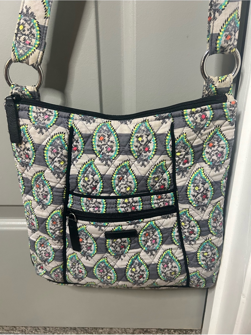 Vera Bradley Quilted Gray Patterned Crossbody Bag with Green Accents